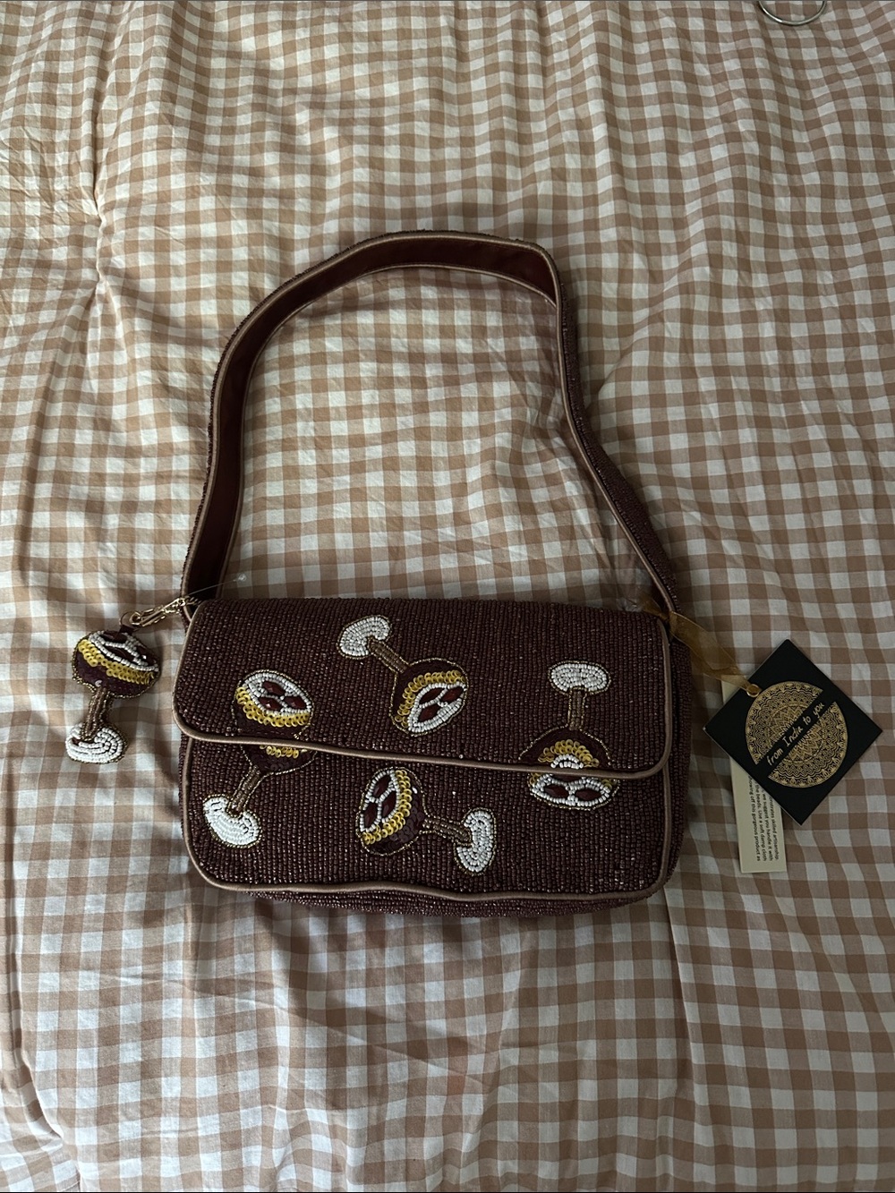 Brown Beaded Shoulder Bag with Floral Embroidery